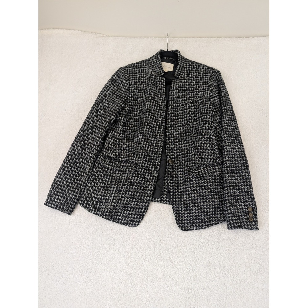 Maison Jules Womens Black White Houndstooth Stand Collar Blazer Jacket Size 6